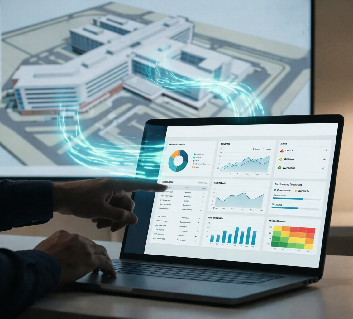 A person points at data visualisations on a laptop, with a building model displayed behind.